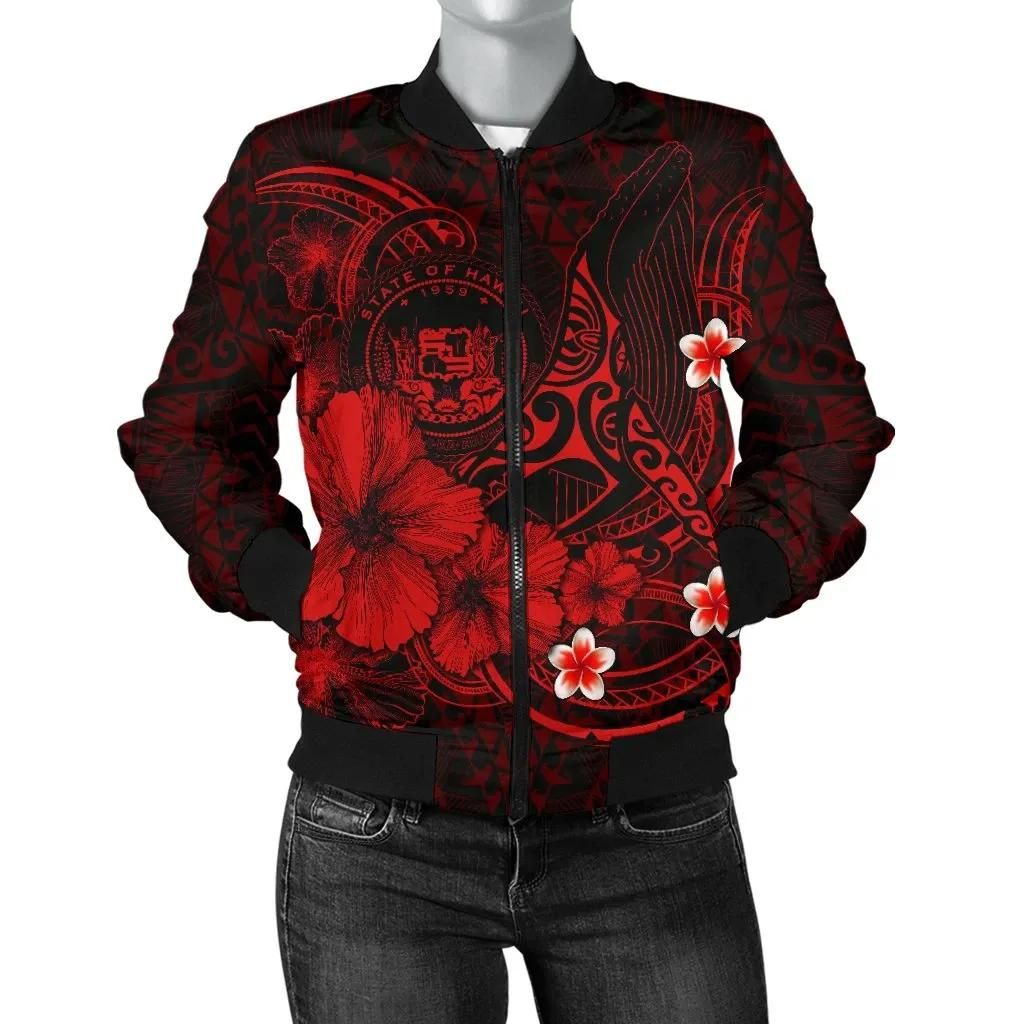 Polynesian Hawaii Women's Bomber Jacket - Humpback Whale with Hibiscus (Red) - BN15 Bomber Jacket Polynesian Hawaii Women's Bomber Jacket - Humpback Whale with Hibiscus (Red) - BN15 Bomber Jacket