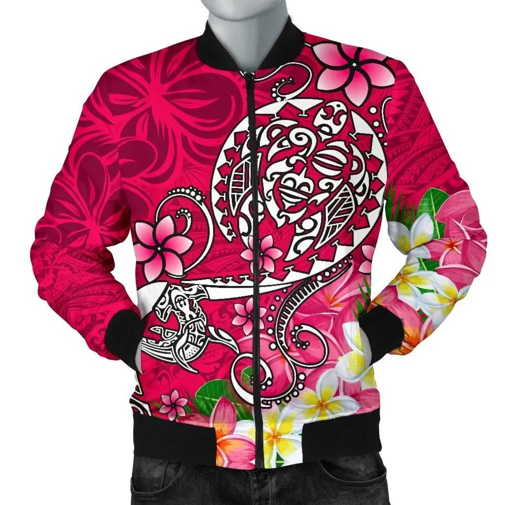 Polynesian Men's Bomber Jacket - Turtle Plumeria Pink Color - BN18 Bomber Jacket Polynesian Men's Bomber Jacket - Turtle Plumeria Pink Color - BN18 Bomber Jacket