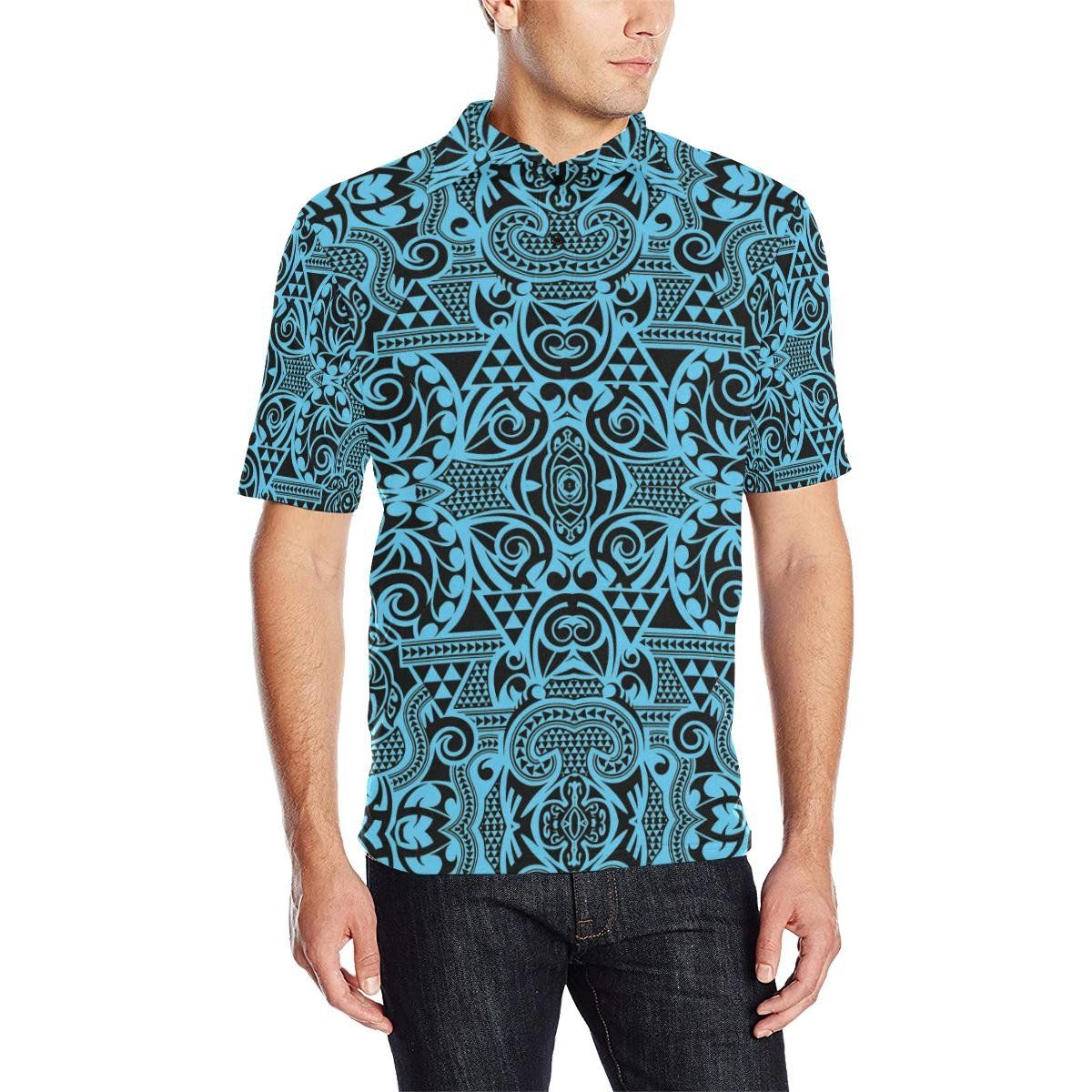 Polynesian Polo Shirt Grown Blue White - AH - J1 Polynesian Polo Shirt Grown Blue White - AH - J1