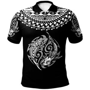 Polynesian Polo Shirt - Polynesian Shark Tattoo White Black Color - BN20