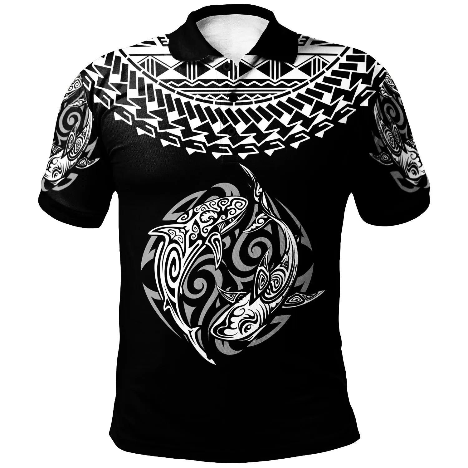 Polynesian Polo Shirt - Polynesian Shark Tattoo White Black Color - BN20 Polynesian Polo Shirt - Polynesian Shark Tattoo White Black Color - BN20