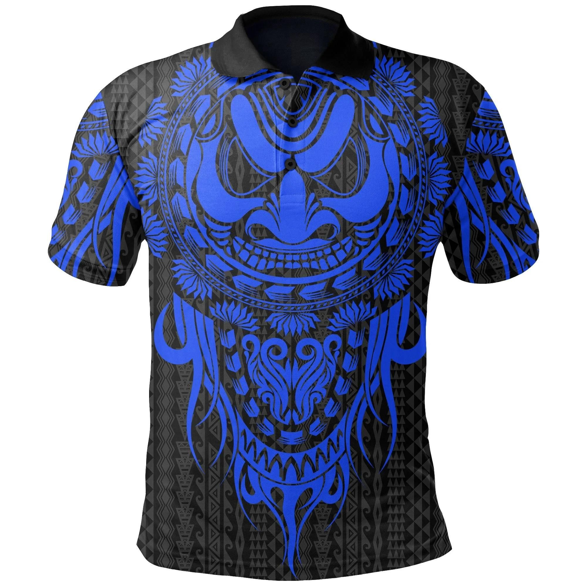 Polynesian Polo Shirt - Tattoo Tiki Mask Blue - BN12 Polynesian Polo Shirt - Tattoo Tiki Mask Blue - BN12