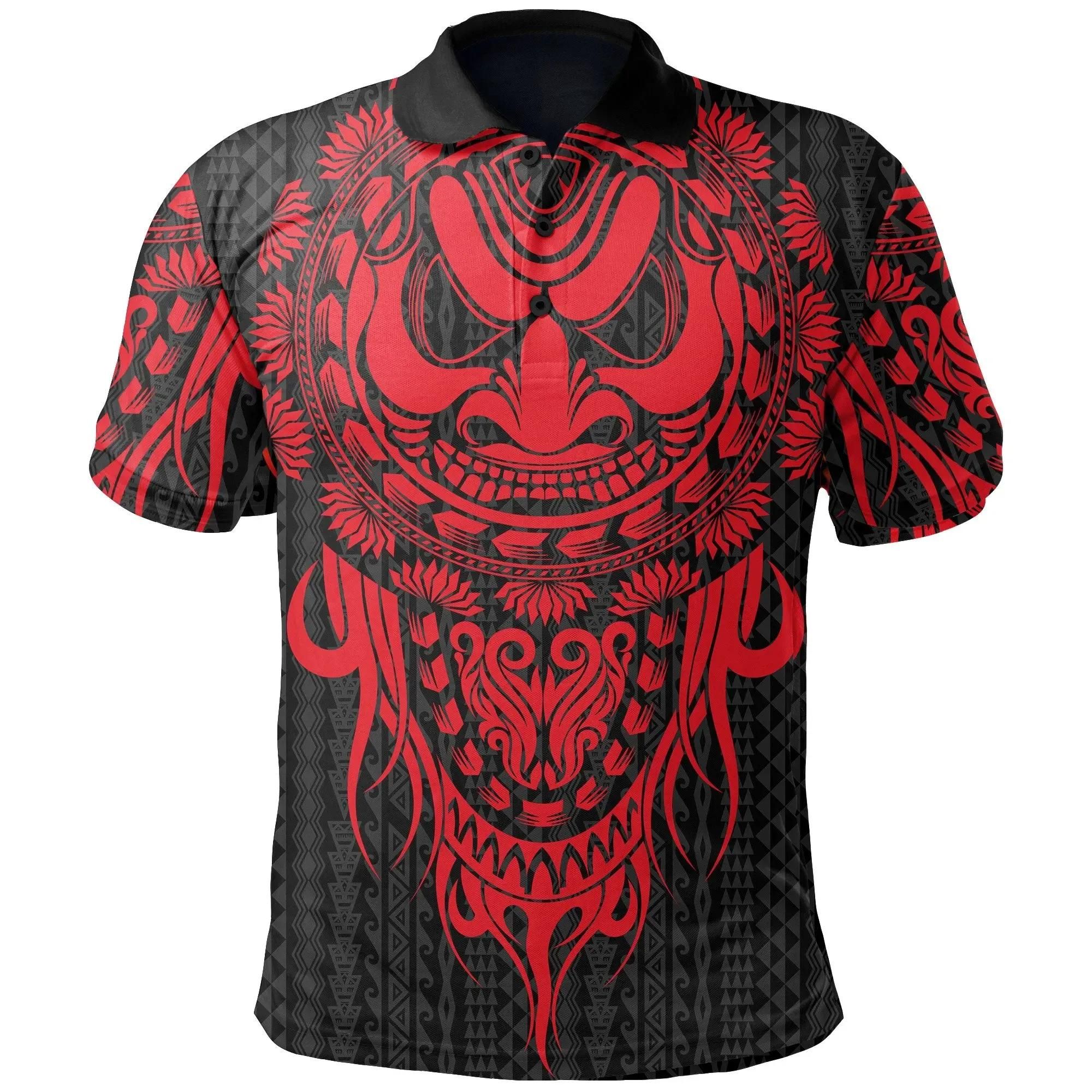 Polynesian Polo Shirt - Tattoo Tiki Mask Red - BN12 Polynesian Polo Shirt - Tattoo Tiki Mask Red - BN12