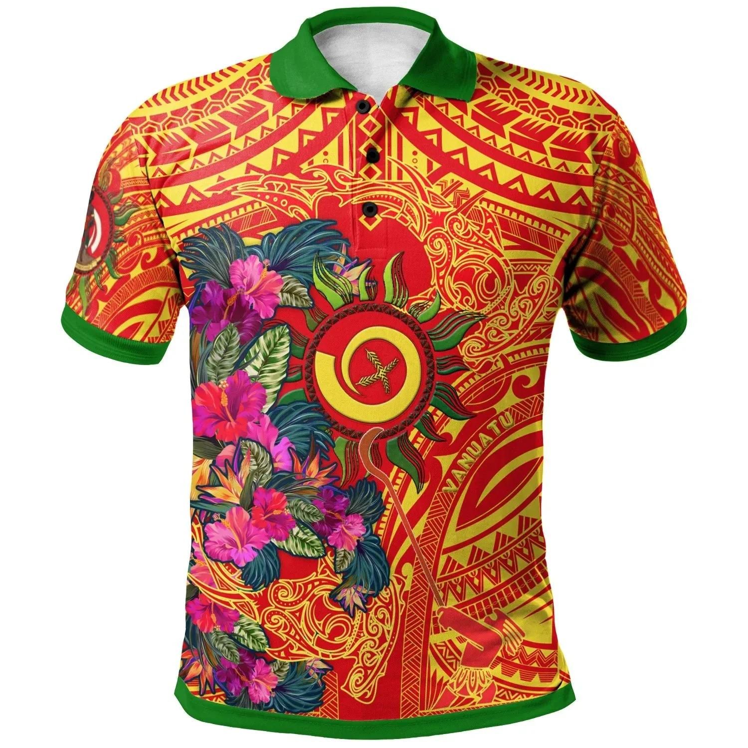 Polynesian Polo Shirt - Vanuatu Symbols With Hibiscus Ver02- BN17 Polynesian Polo Shirt - Vanuatu Symbols With Hibiscus Ver02- BN17