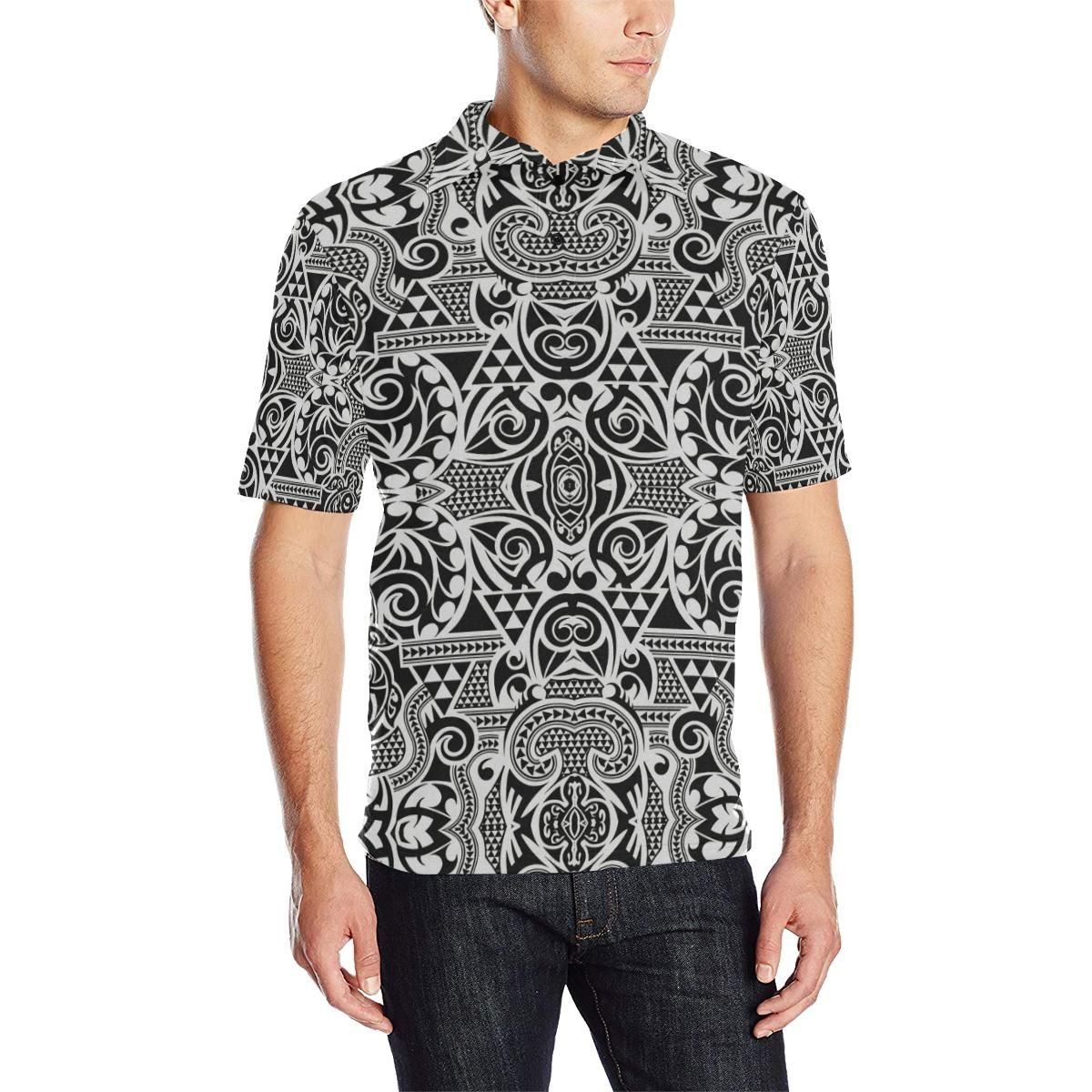 Polynesian Tribal Polo Shirt Black White - AH - J1 Polynesian Tribal Polo Shirt Black White - AH - J1