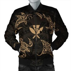 Polynesian Turtle Hammerhead Shark Ray Kanaka Hawaii Bomber Jacket Circle Gold - AH - J5R Bomber Jacket