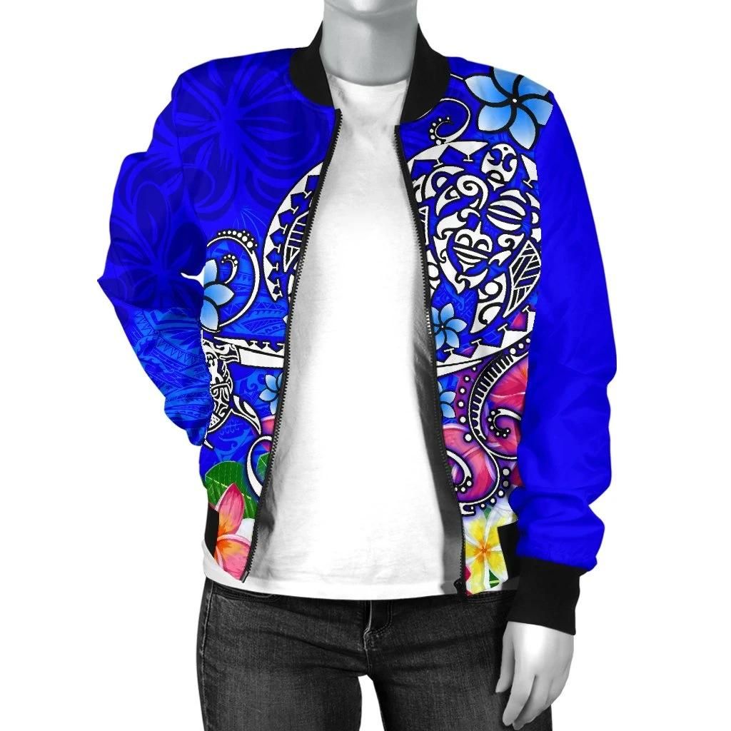 Polynesian-Womens-Bomber-Jacket-Turtle-Plumeria-Blue-Color-BN18-Bomber-Jacket-2