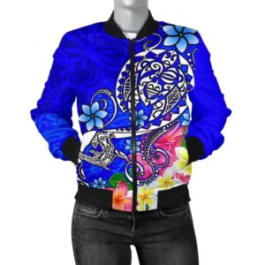 Polynesian Women's Bomber Jacket - Turtle Plumeria Blue Color - BN18 Bomber Jacket