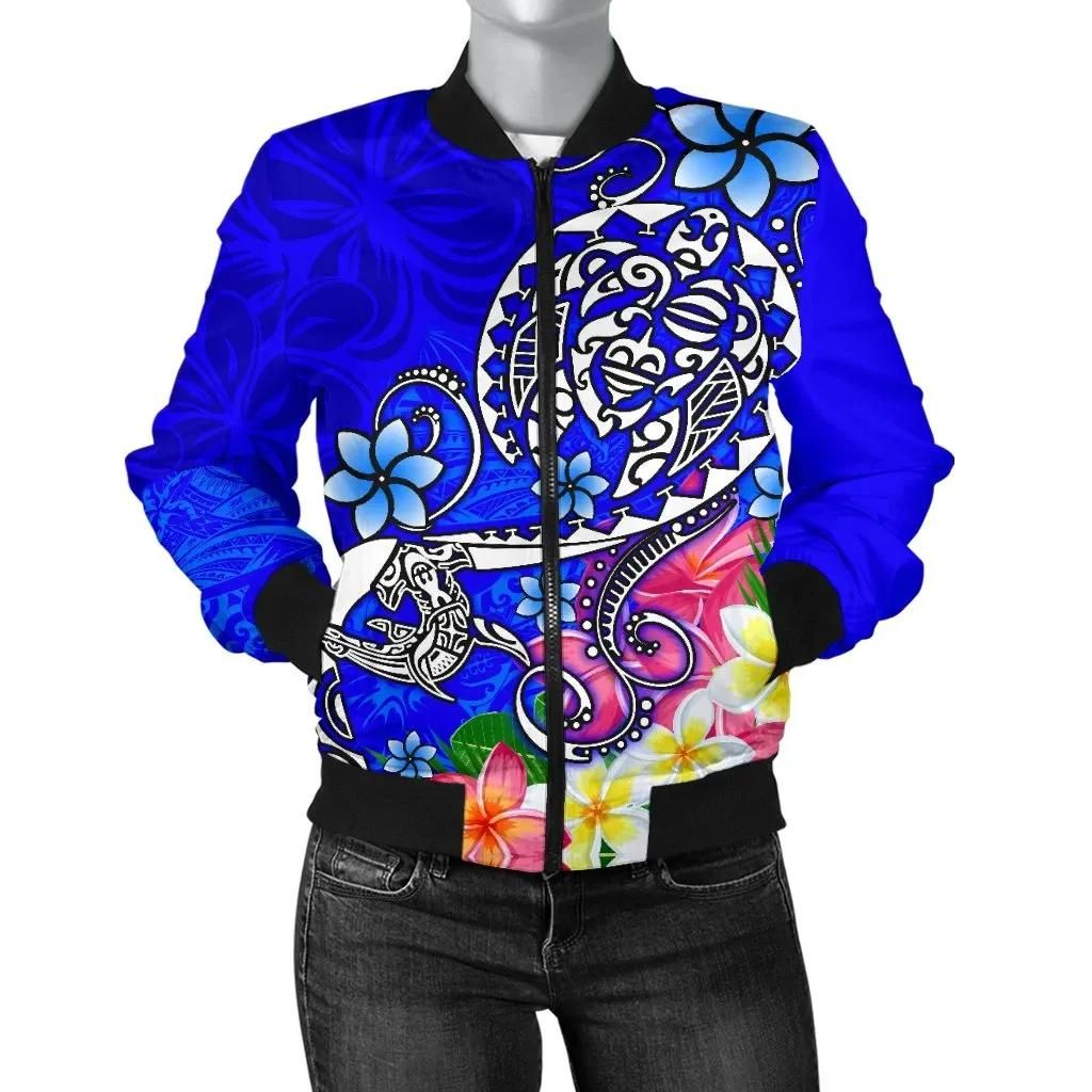 Polynesian Women's Bomber Jacket - Turtle Plumeria Blue Color - BN18 Bomber Jacket Polynesian Women's Bomber Jacket - Turtle Plumeria Blue Color - BN18 Bomber Jacket
