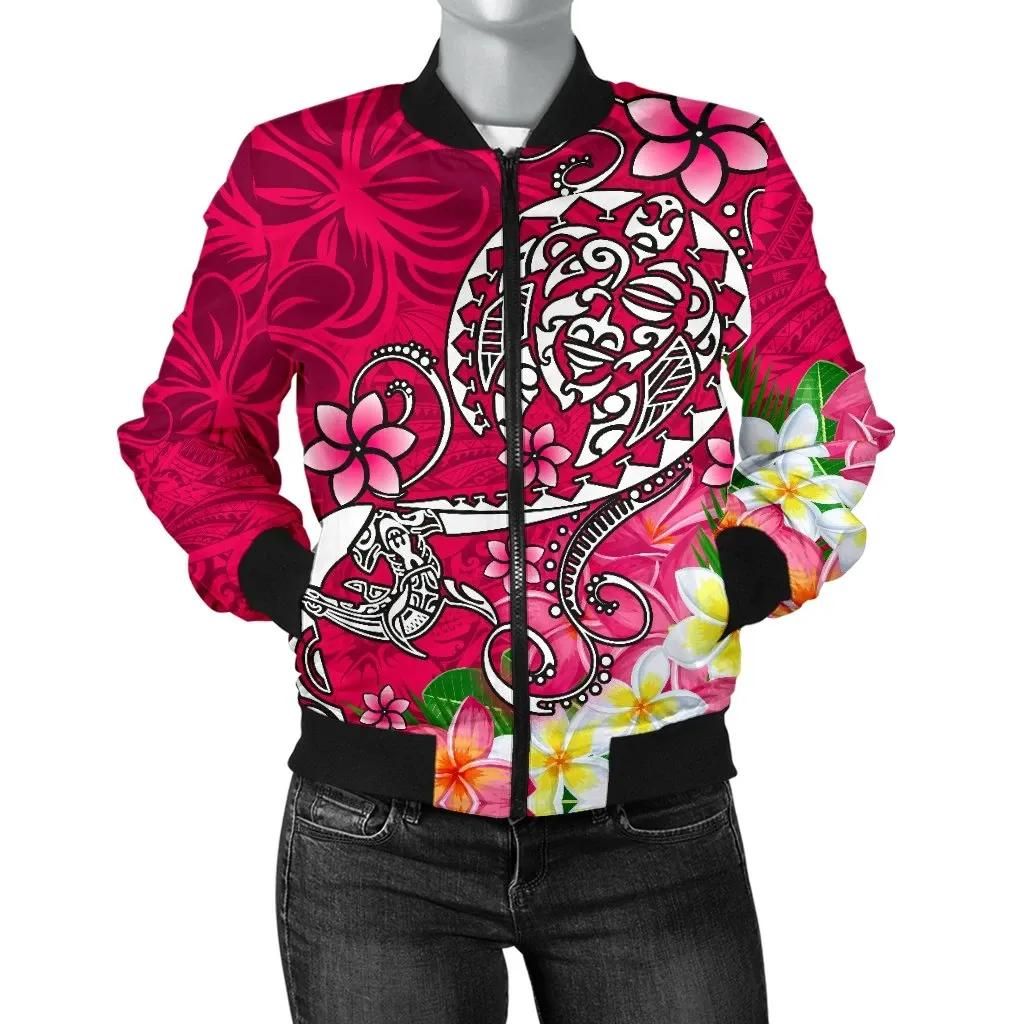 Polynesian Women's Bomber Jacket - Turtle Plumeria Pink Color - BN18 Bomber Jacket Polynesian Women's Bomber Jacket - Turtle Plumeria Pink Color - BN18 Bomber Jacket