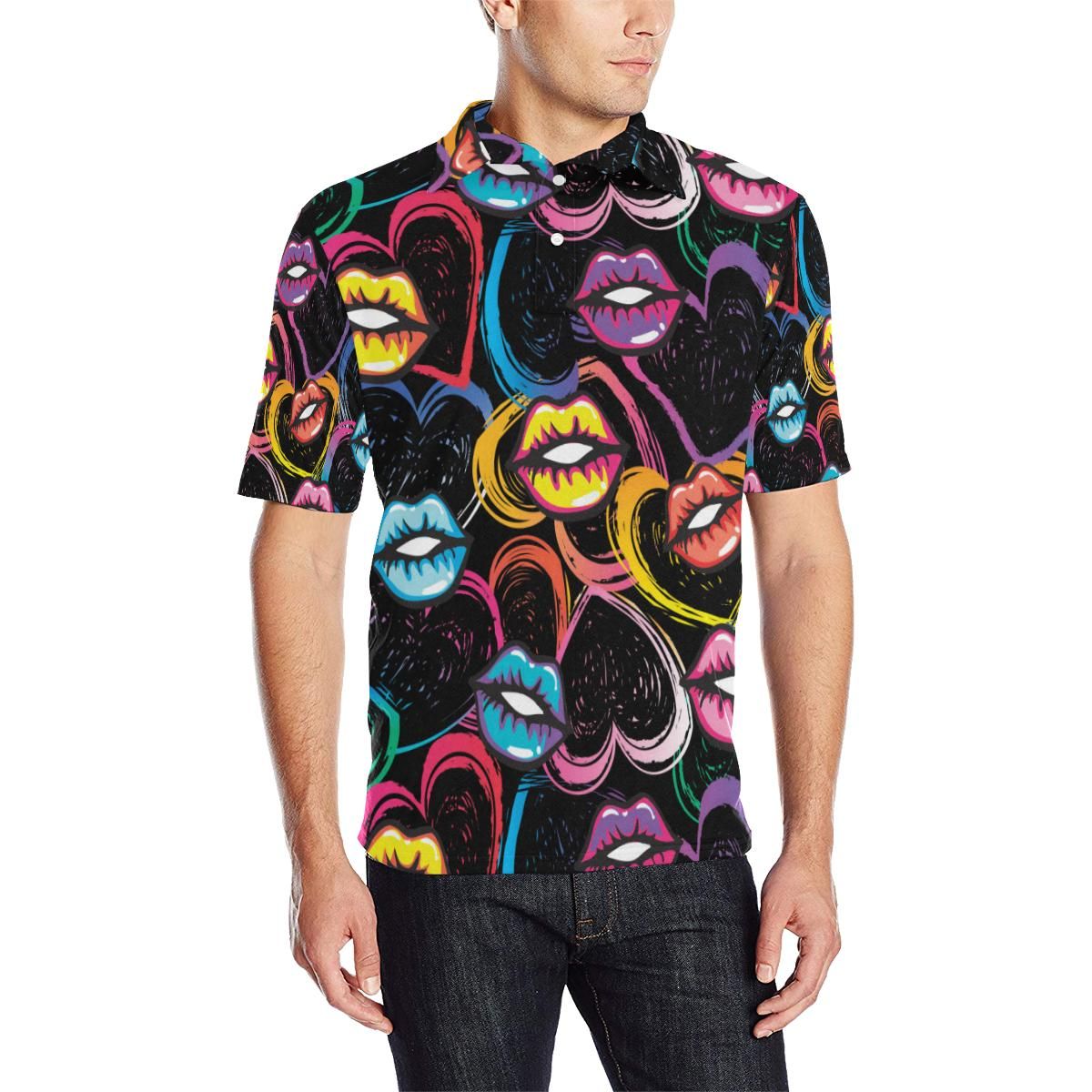 Pop Art Lip Pattern Print Design A03 Men Polo Shirt Pop Art Lip Pattern Print Design A03 Men Polo Shirt