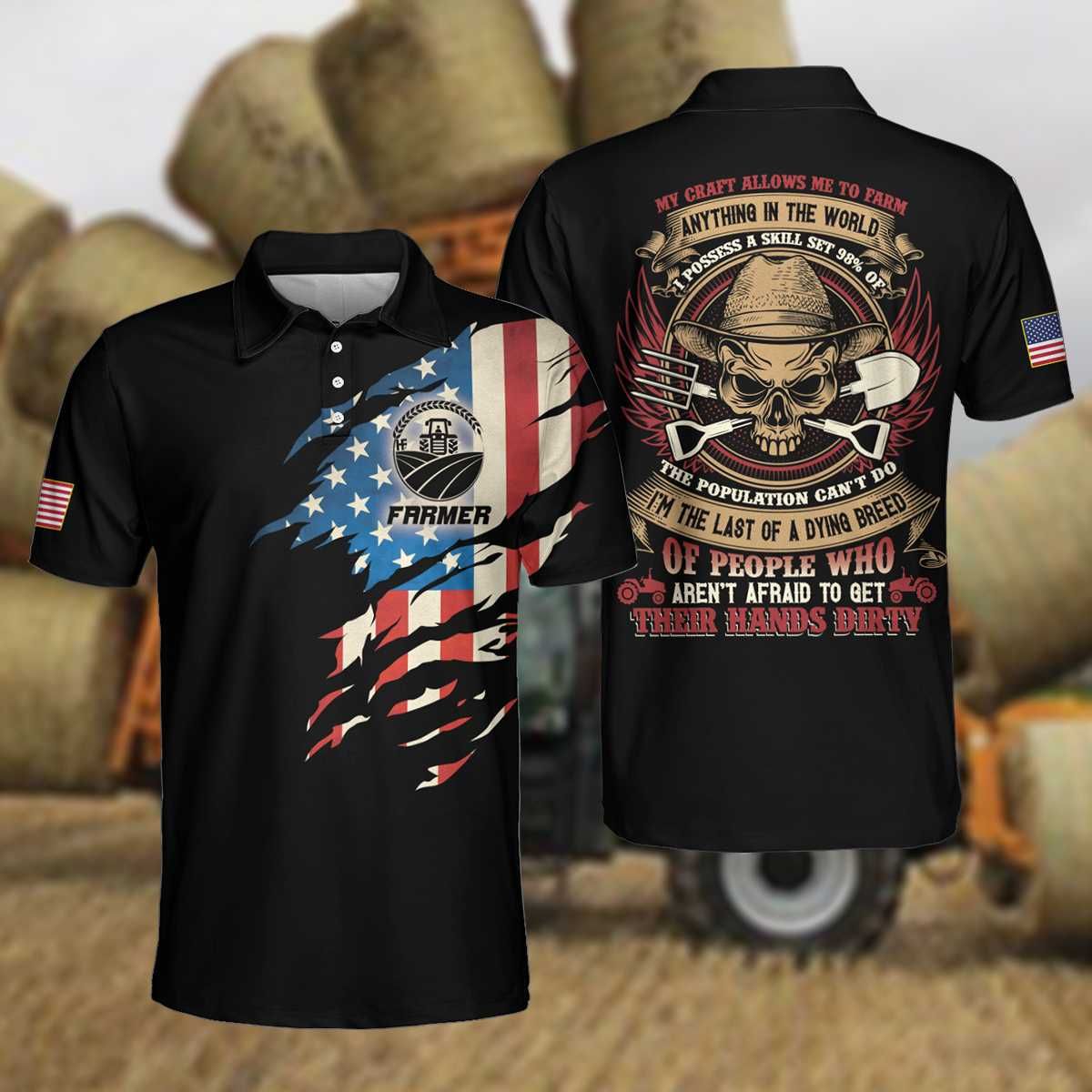 Proud American Farmer Skull Polo Shirt #V Proud American Farmer Skull Polo Shirt #V