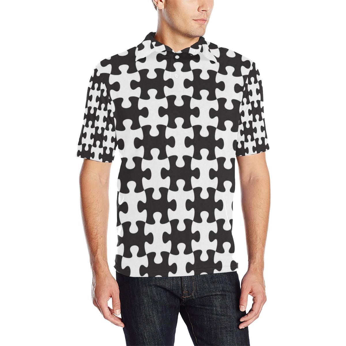 Puzzle Black White Pattern Print Design A02 Men Polo Shirt Puzzle Black White Pattern Print Design A02 Men Polo Shirt