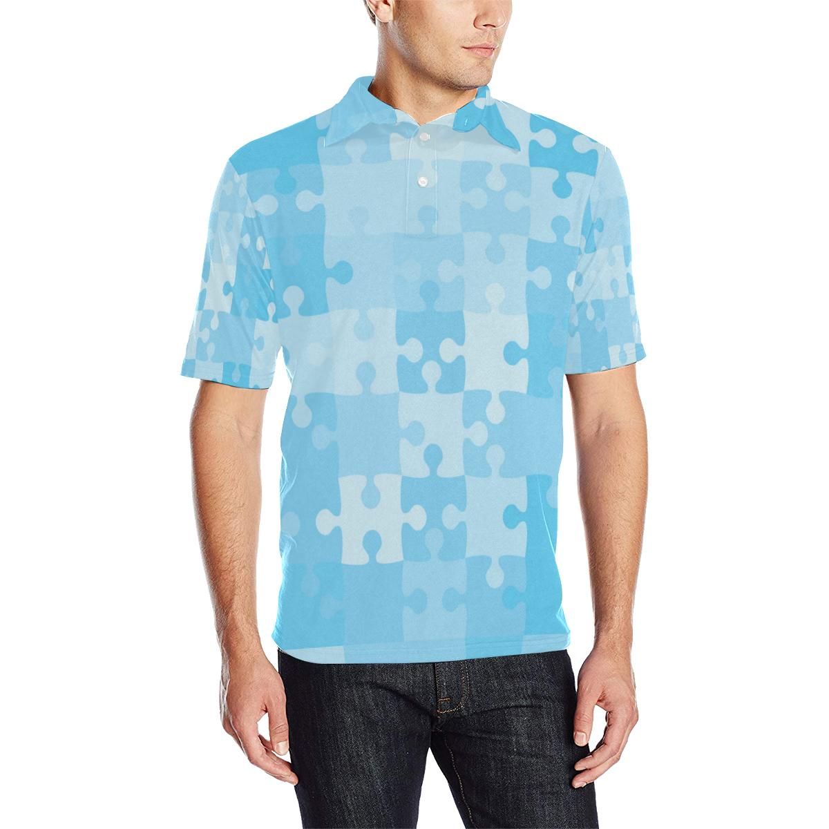 Puzzle Blue Pattern Print Design A04 Men Polo Shirt Puzzle Blue Pattern Print Design A04 Men Polo Shirt