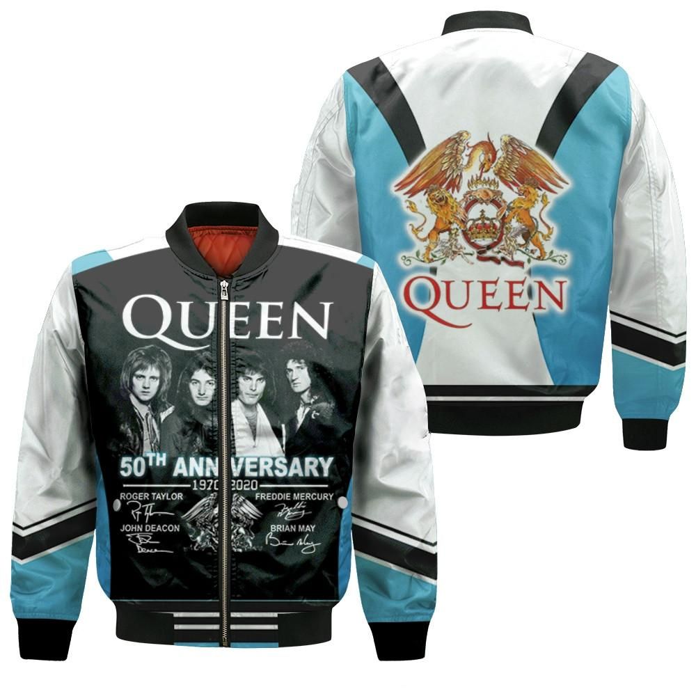 Queen 50th Anniversary 1970 2020 Legend Rock Band Signatures 3D Designed Allover Gift For Queen Fans Bomber Jacket Queen 50th Anniversary 1970 2020 Legend Rock Band Signatures 3D Designed Allover Gift For Queen Fans Bomber Jacket
