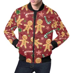 Red Gingerbread Man Chirstmas Pattern Print Mens Bomber Jacket