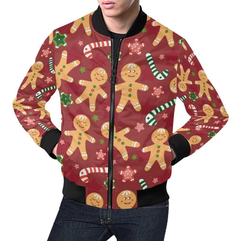 Red Gingerbread Man Chirstmas Pattern Print Mens Bomber Jacket Red Gingerbread Man Chirstmas Pattern Print Mens Bomber Jacket