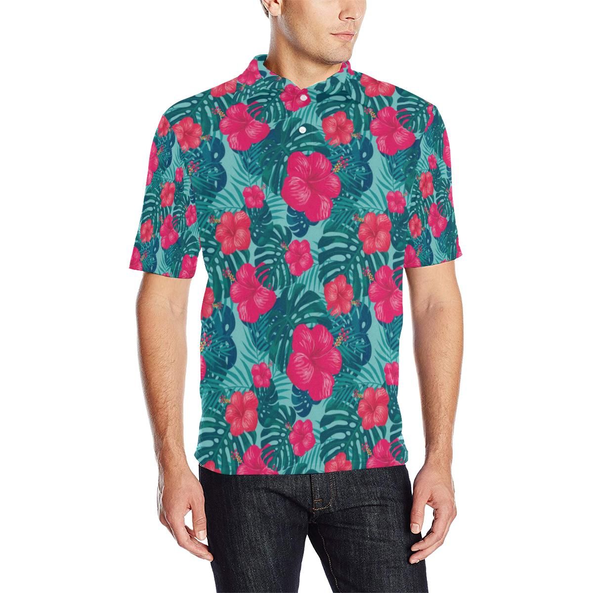 Red Hibiscus Pattern Print Design Hb017 Men Polo Shirt Red Hibiscus Pattern Print Design Hb017 Men Polo Shirt