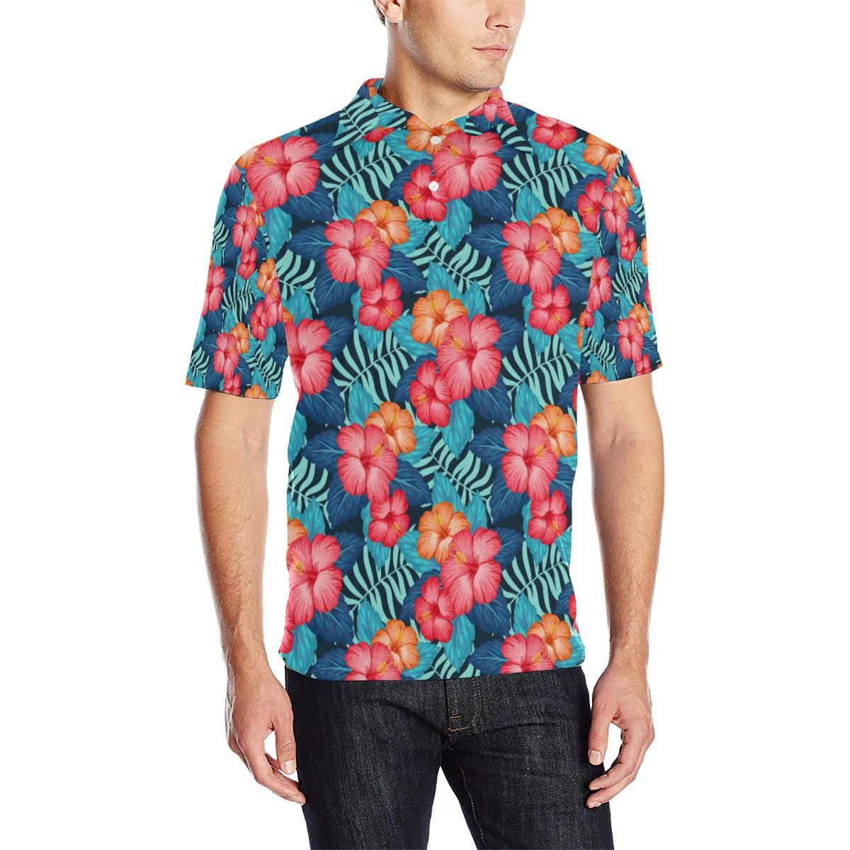 Red Hibiscus Pattern Print Design Hb02 Men Polo Shirt Red Hibiscus Pattern Print Design Hb02 Men Polo Shirt