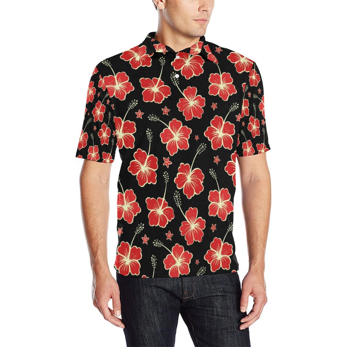 Red Hibiscus Pattern Print Design Hb021 Men Polo Shirt Red Hibiscus Pattern Print Design Hb021 Men Polo Shirt