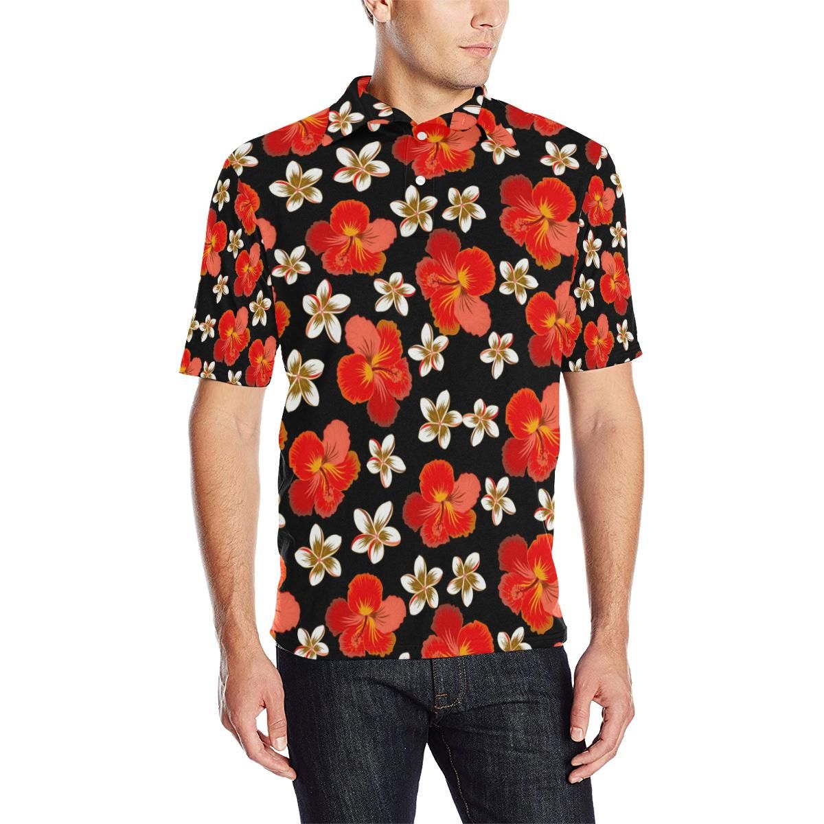 Red Hibiscus Pattern Print Design Hb022 Men Polo Shirt Red Hibiscus Pattern Print Design Hb022 Men Polo Shirt