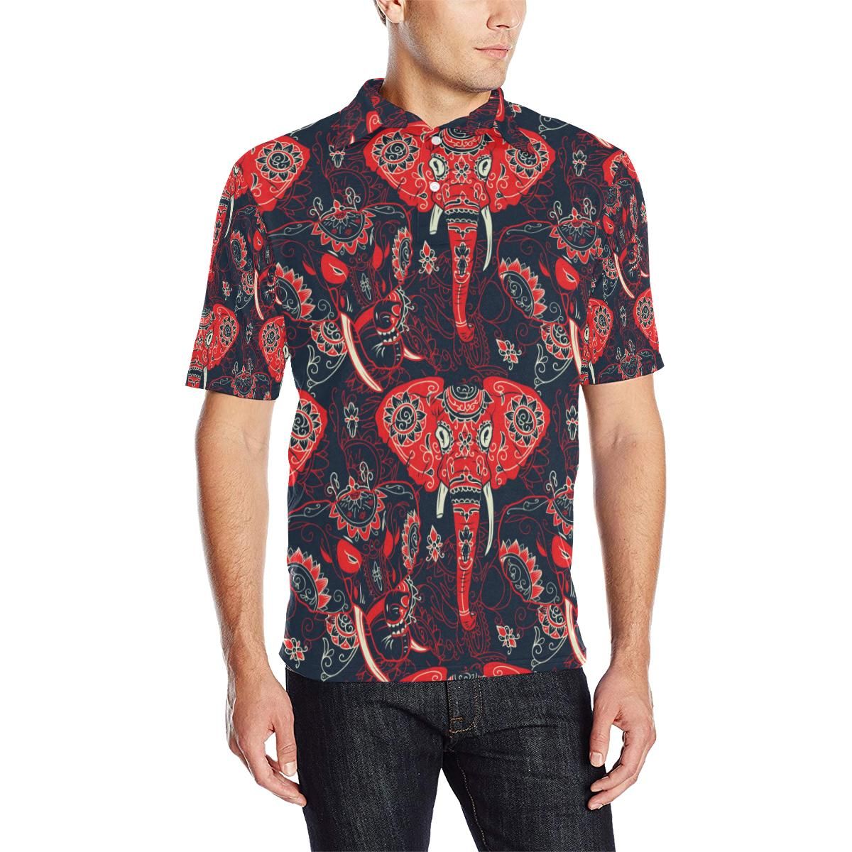 Red Indian Elephant Pattern Men Polo Shirt Red Indian Elephant Pattern Men Polo Shirt