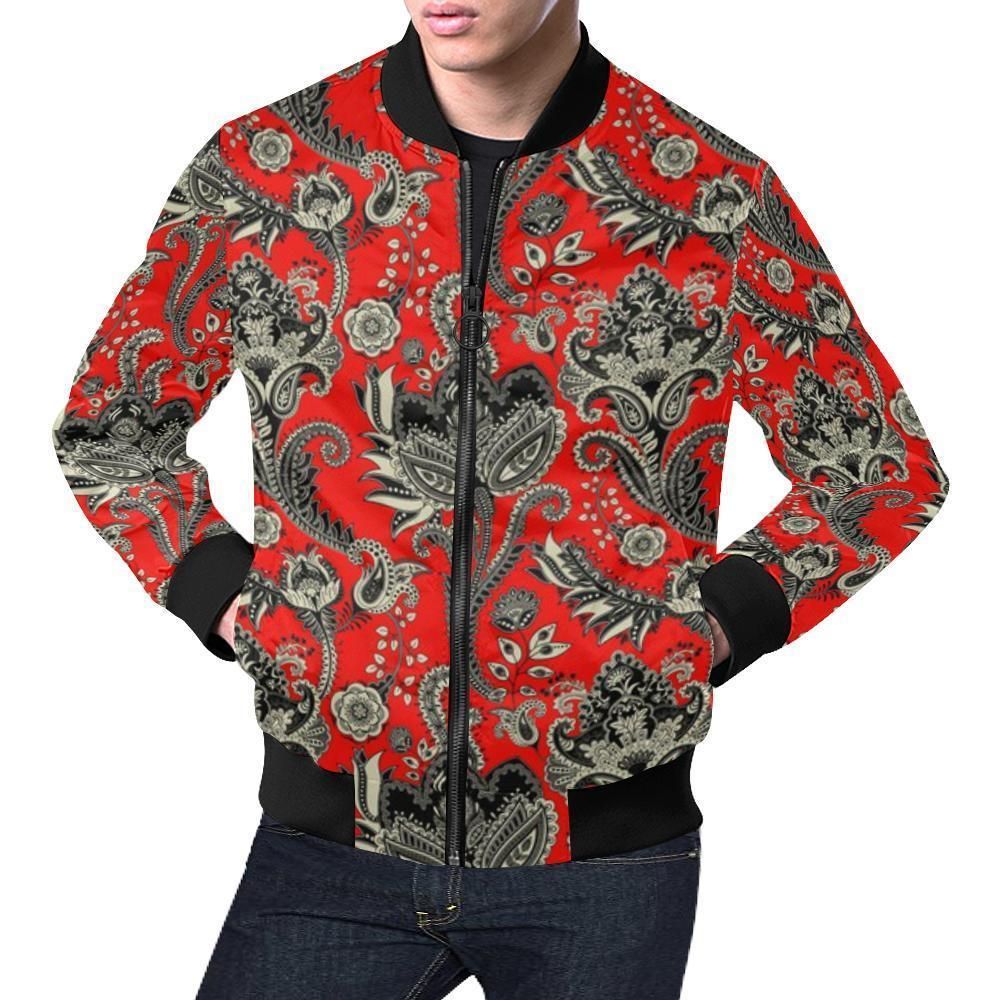 Red Paisley Pattern Print Mens Bomber Jacket Red Paisley Pattern Print Mens Bomber Jacket