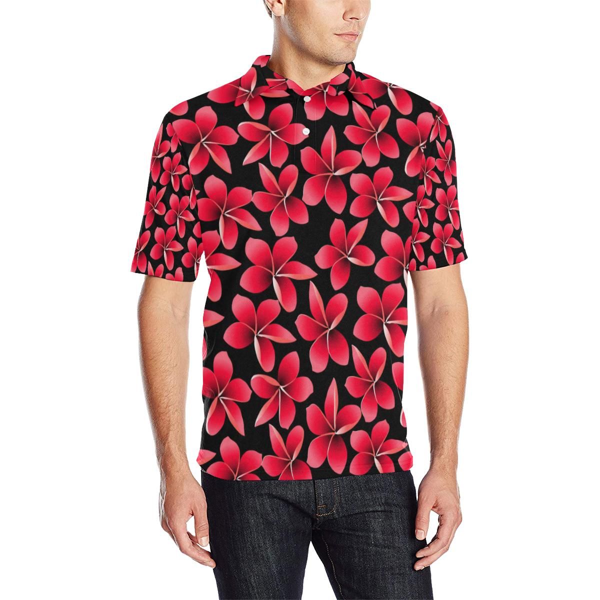 Red Plumeria Pattern Print Design Pm025 Men Polo Shirt Red Plumeria Pattern Print Design Pm025 Men Polo Shirt
