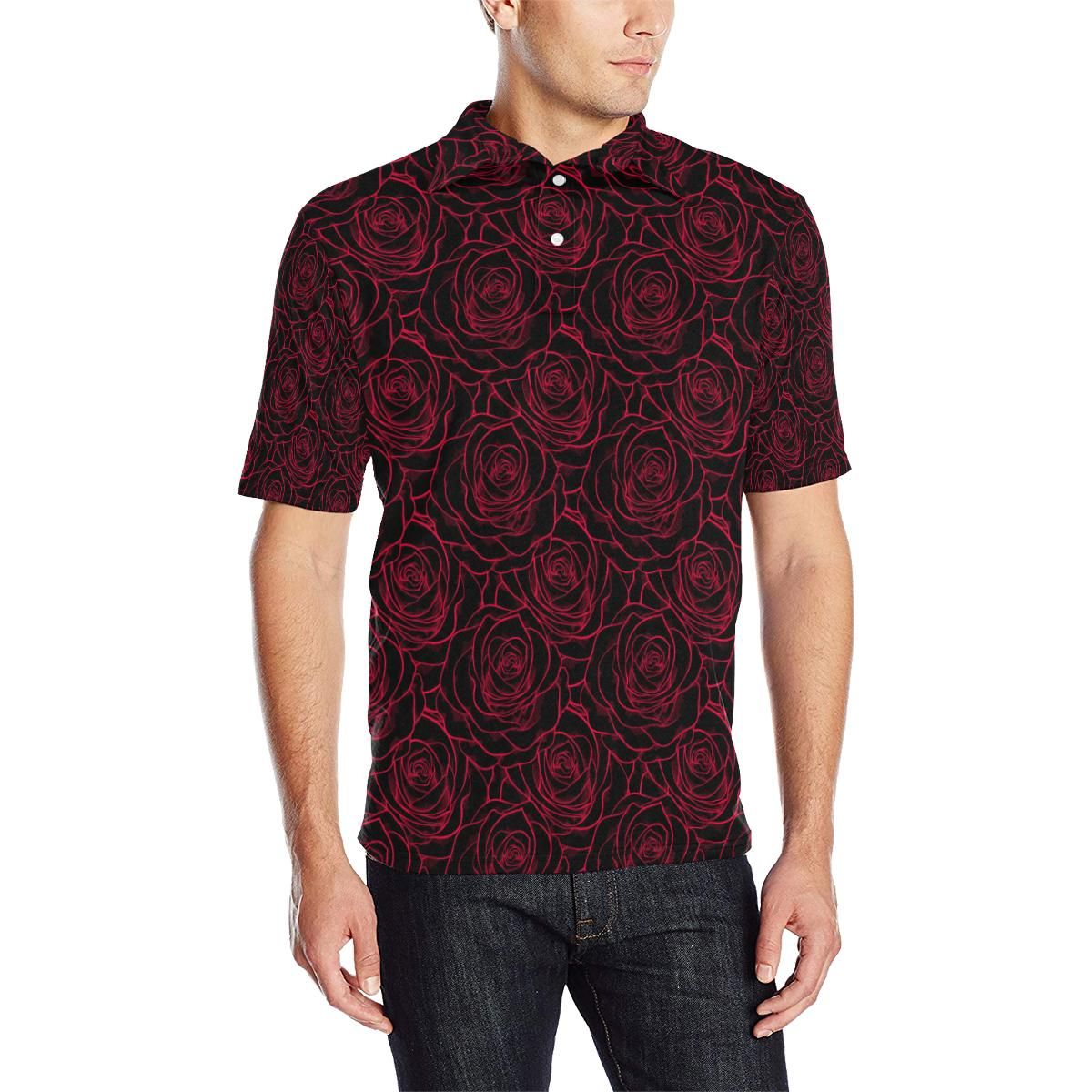 Red Rose Design Print Men Polo Shirt Red Rose Design Print Men Polo Shirt