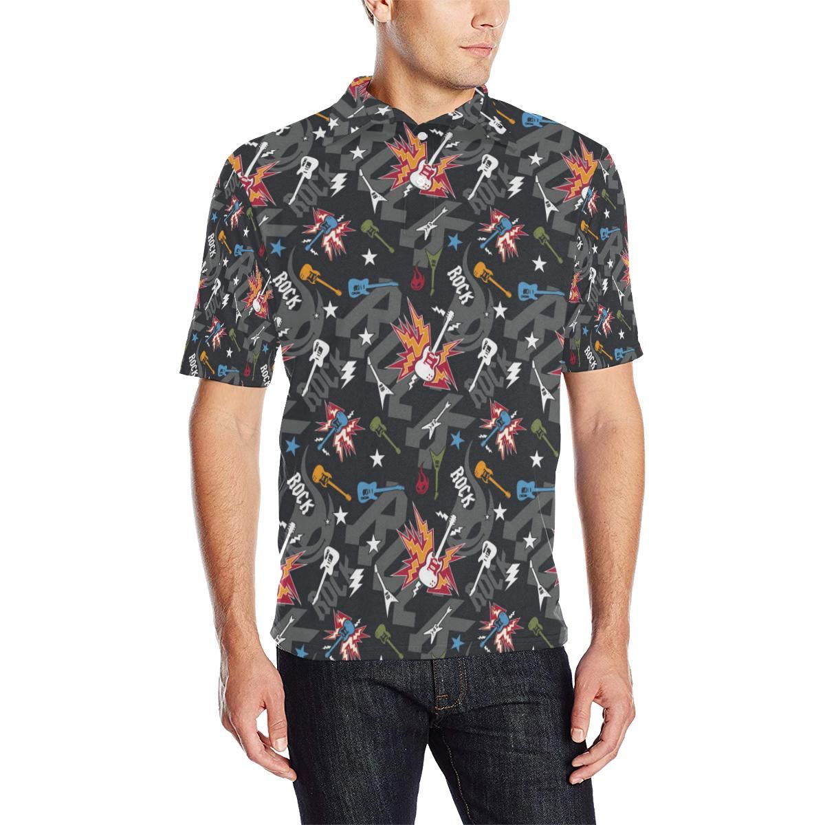Rock And Roll Pattern Print Design A01 Men Polo Shirt Rock And Roll Pattern Print Design A01 Men Polo Shirt