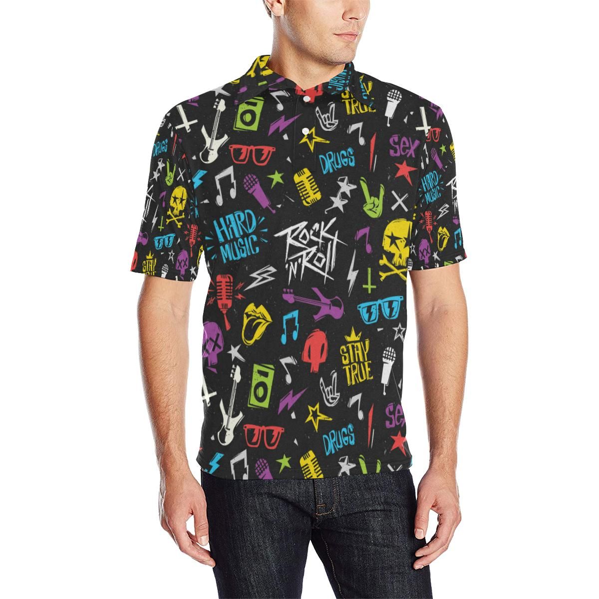 Rock And Roll Pattern Print Design A02 Men Polo Shirt Rock And Roll Pattern Print Design A02 Men Polo Shirt