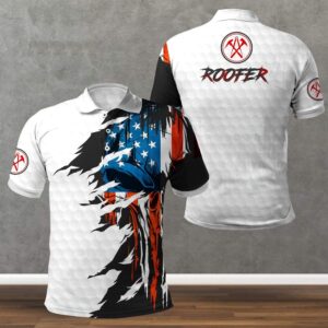 Roofer American Skull Flag White Polo Shirt