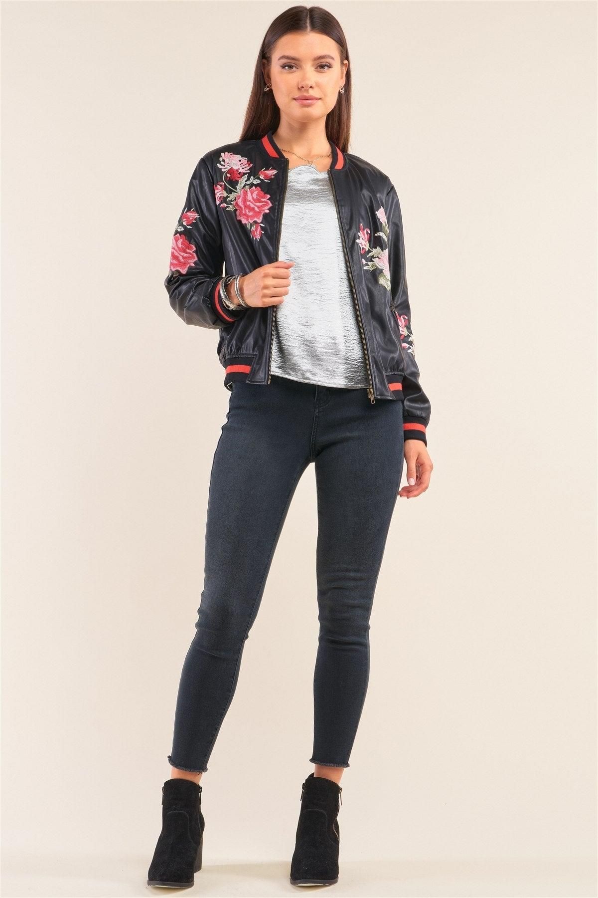 Rosa-Black-Vegan-Leather-Floral-Embroidery-Striped-Hem-Bomber-Jacket-1