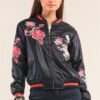 Rosa Black Vegan Leather Floral Embroidery Striped Hem Bomber Jacket