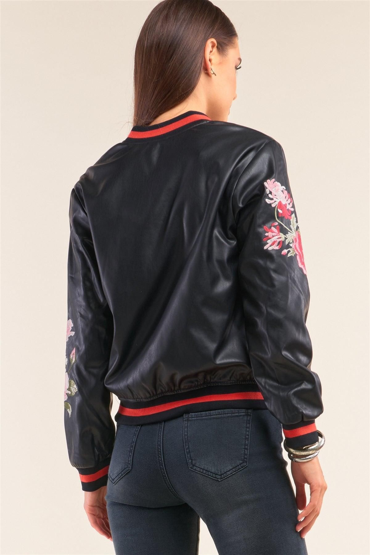 Rosa-Black-Vegan-Leather-Floral-Embroidery-Striped-Hem-Bomber-Jacket-2