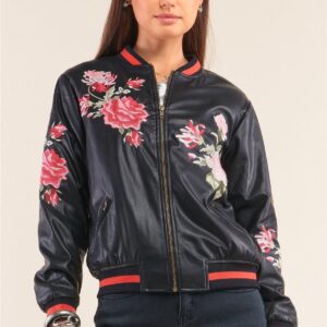 Rosa Black Vegan Leather Floral Embroidery Striped Hem Bomber Jacket