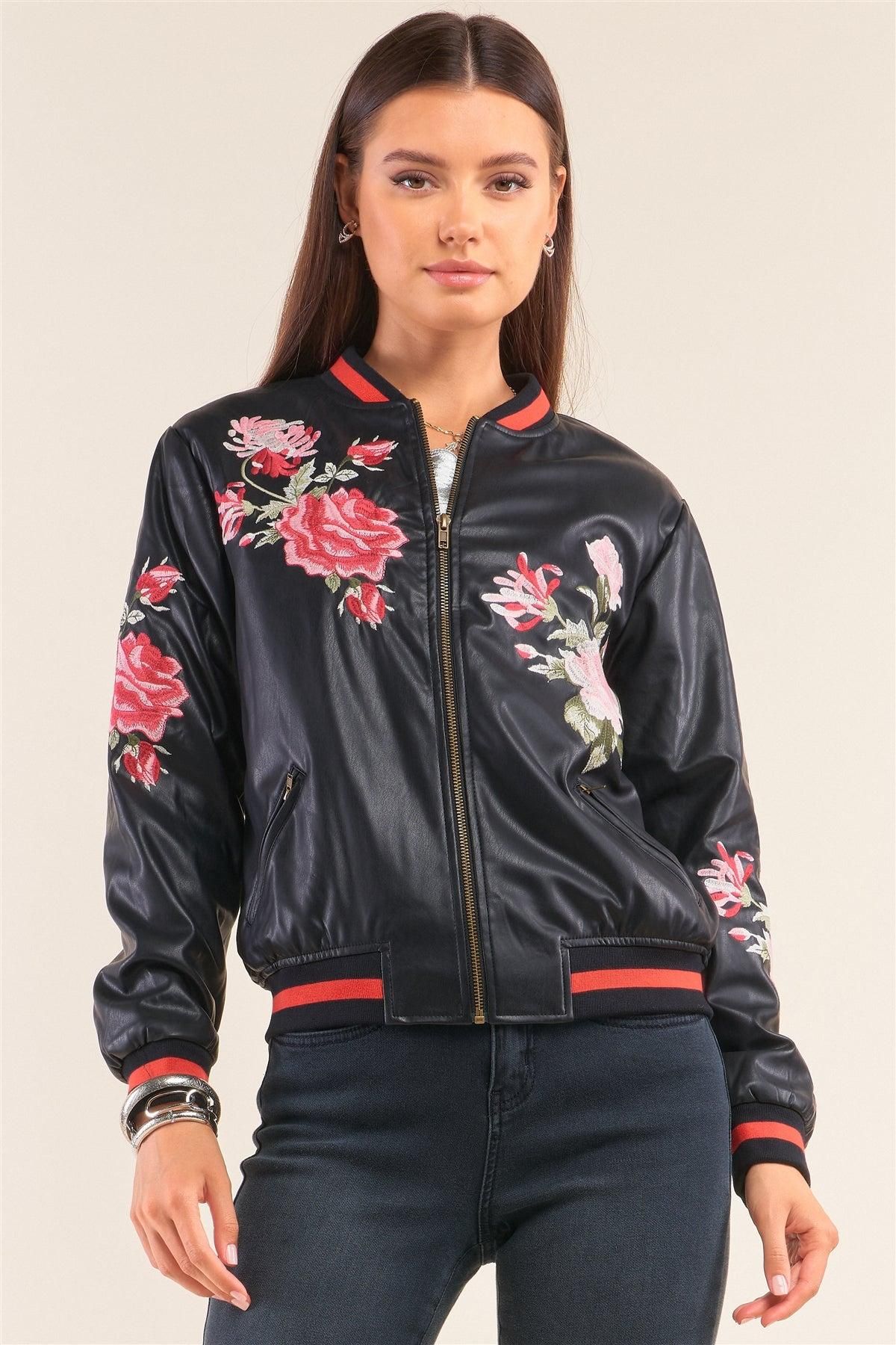 Rosa Black Vegan Leather Floral Embroidery Striped Hem Bomber Jacket Rosa Black Vegan Leather Floral Embroidery Striped Hem Bomber Jacket