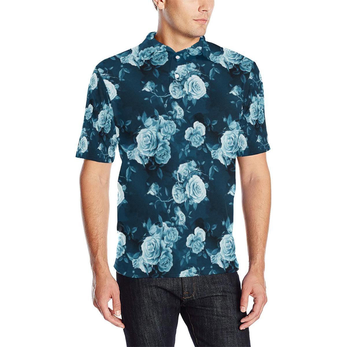 Rose Blue Pattern Print Design Ro014 Men Polo Shirt Rose Blue Pattern Print Design Ro014 Men Polo Shirt