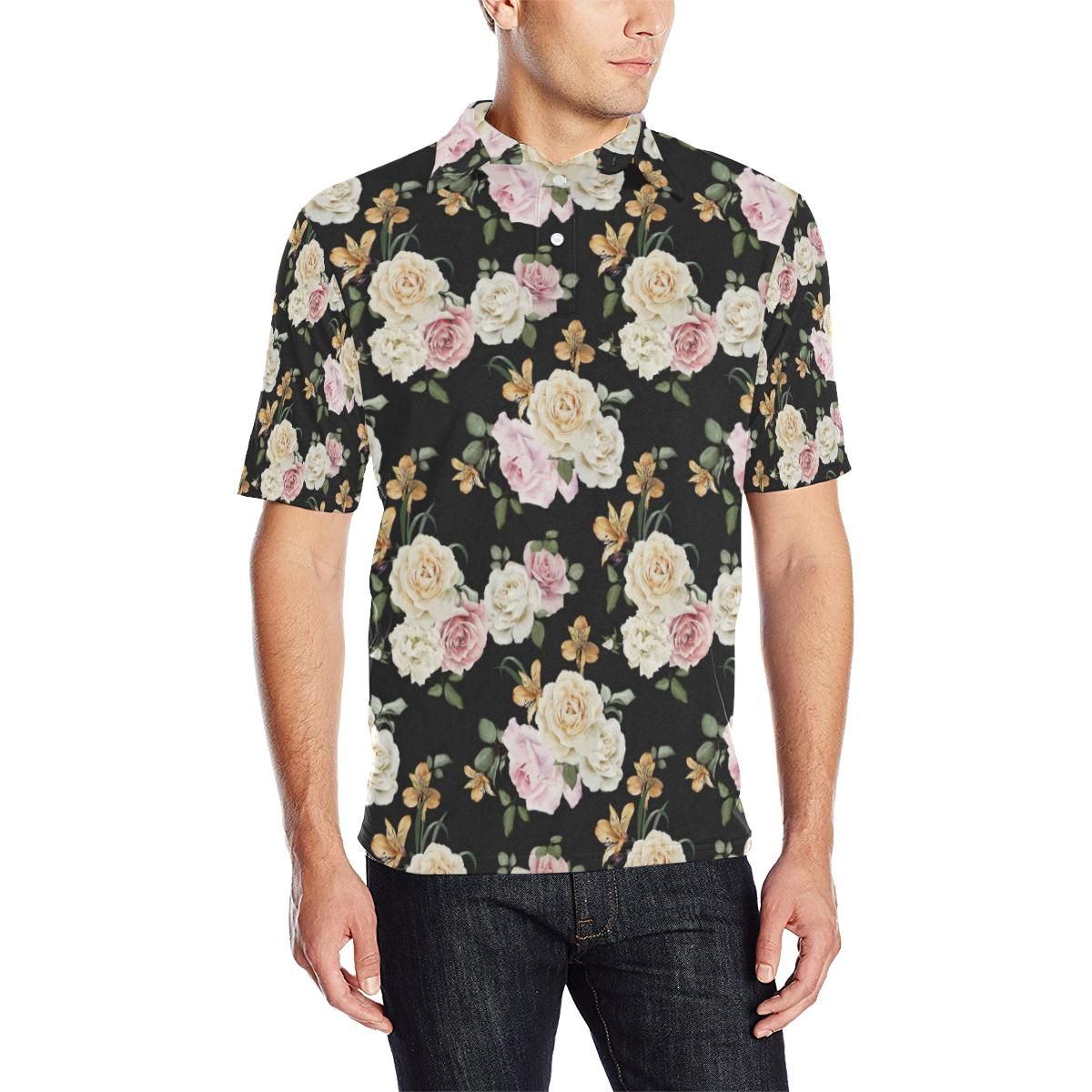 Rose Pattern Print Design A01 Men Polo Shirt Rose Pattern Print Design A01 Men Polo Shirt