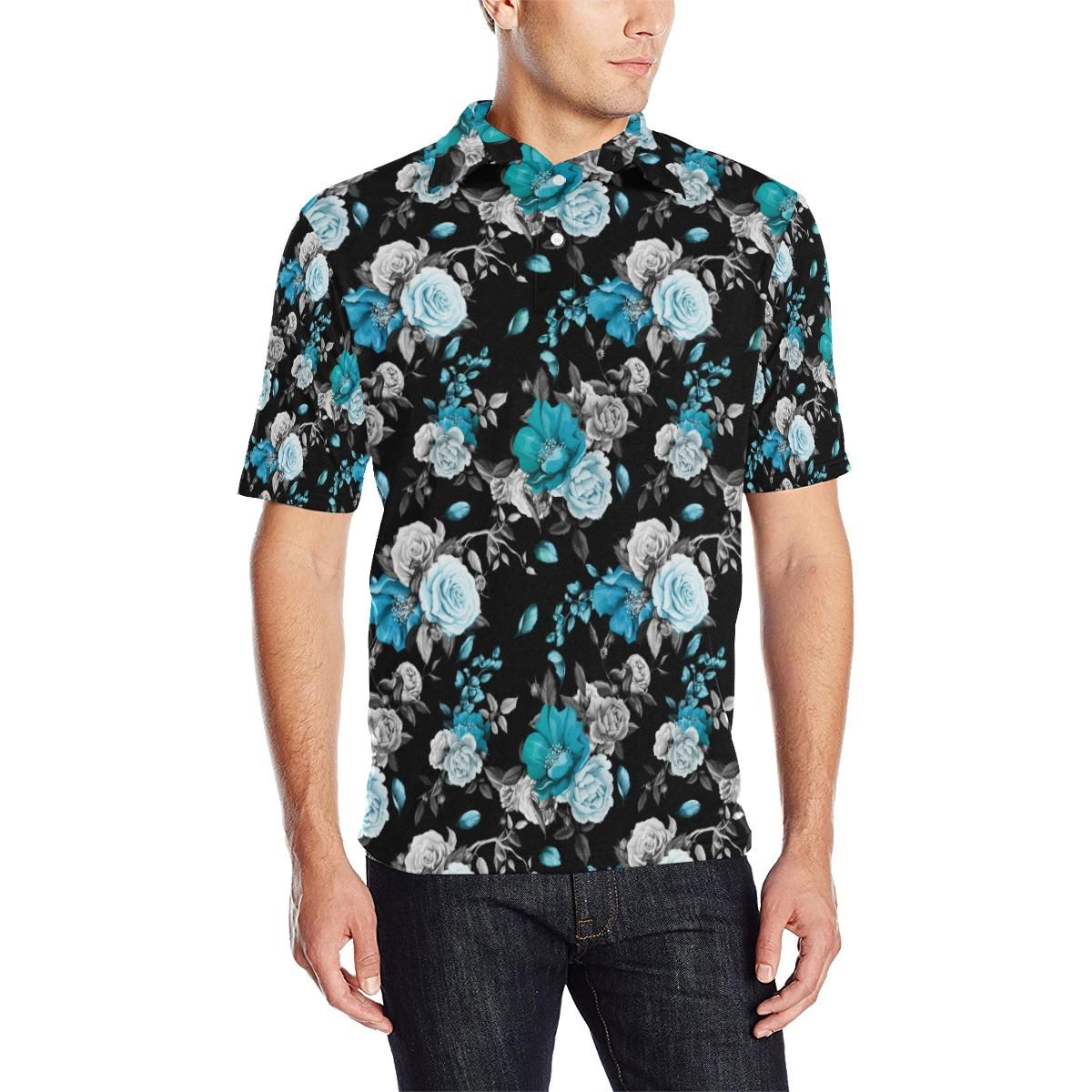 Rose Pattern Print Design A02 Men Polo Shirt Rose Pattern Print Design A02 Men Polo Shirt