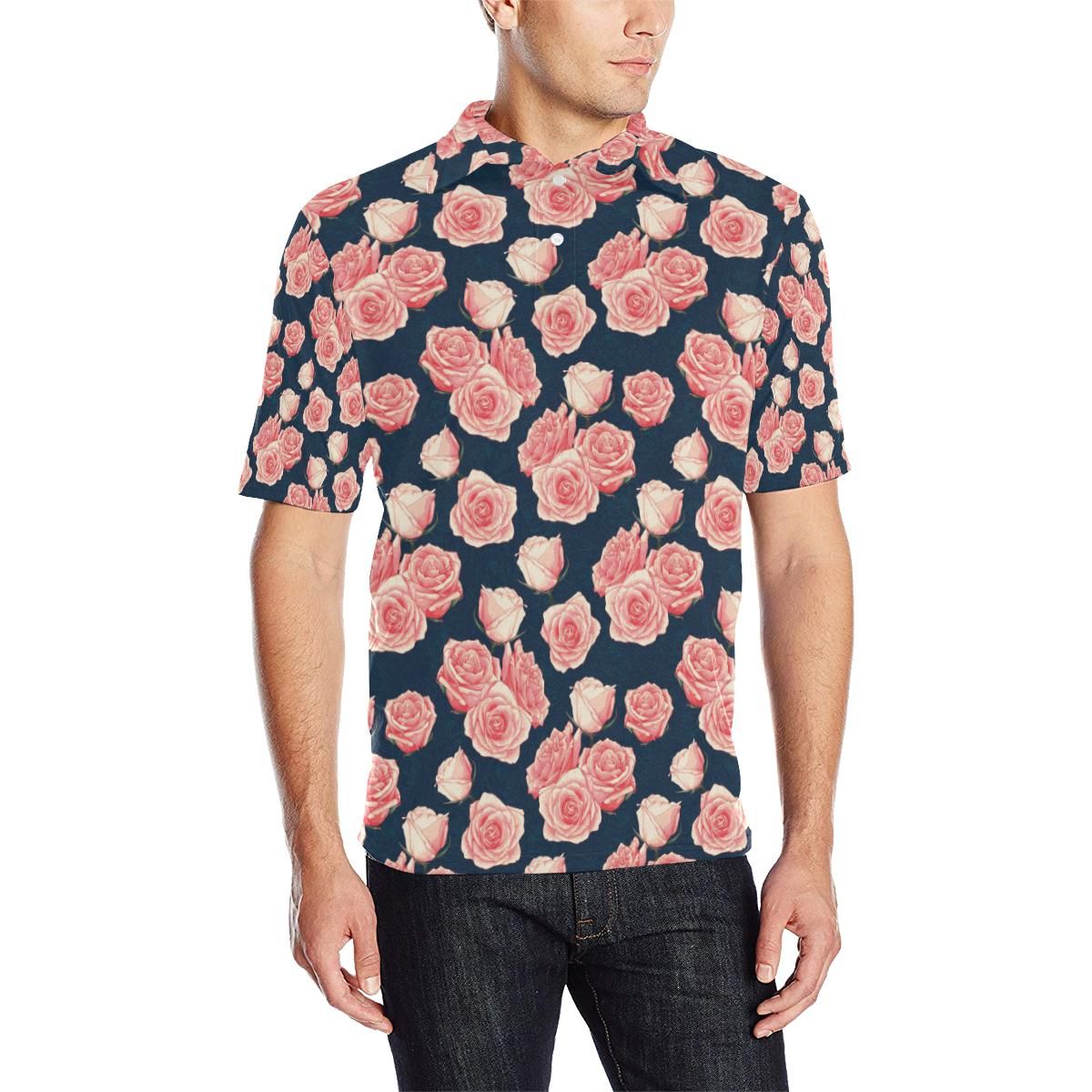 Rose Pattern Print Design A03 Men Polo Shirt Rose Pattern Print Design A03 Men Polo Shirt