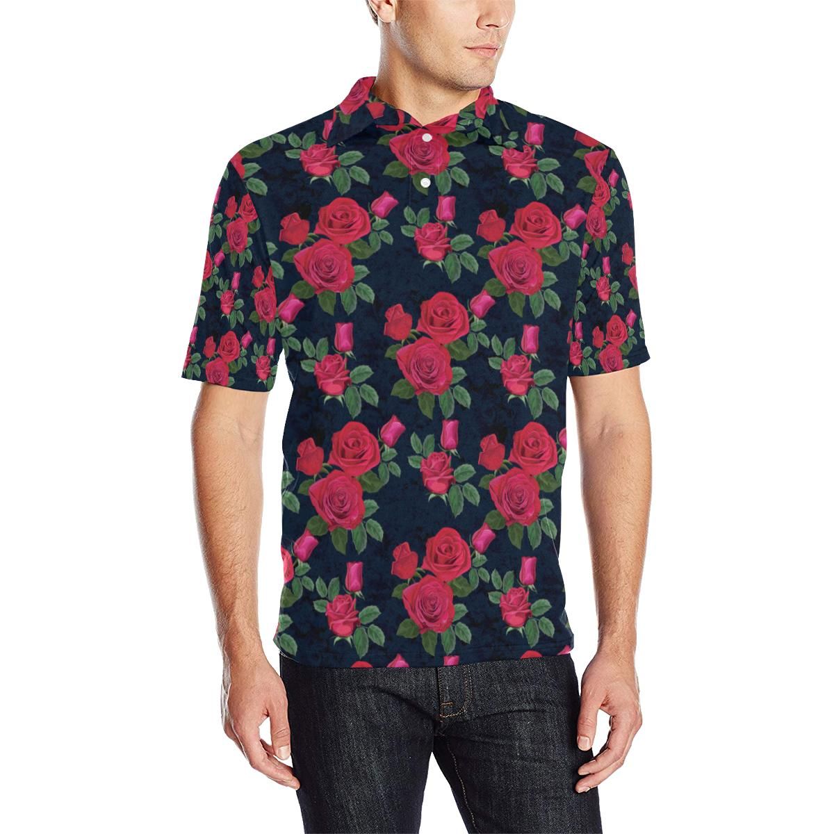 Rose Pattern Print Design A04 Men Polo Shirt Rose Pattern Print Design A04 Men Polo Shirt