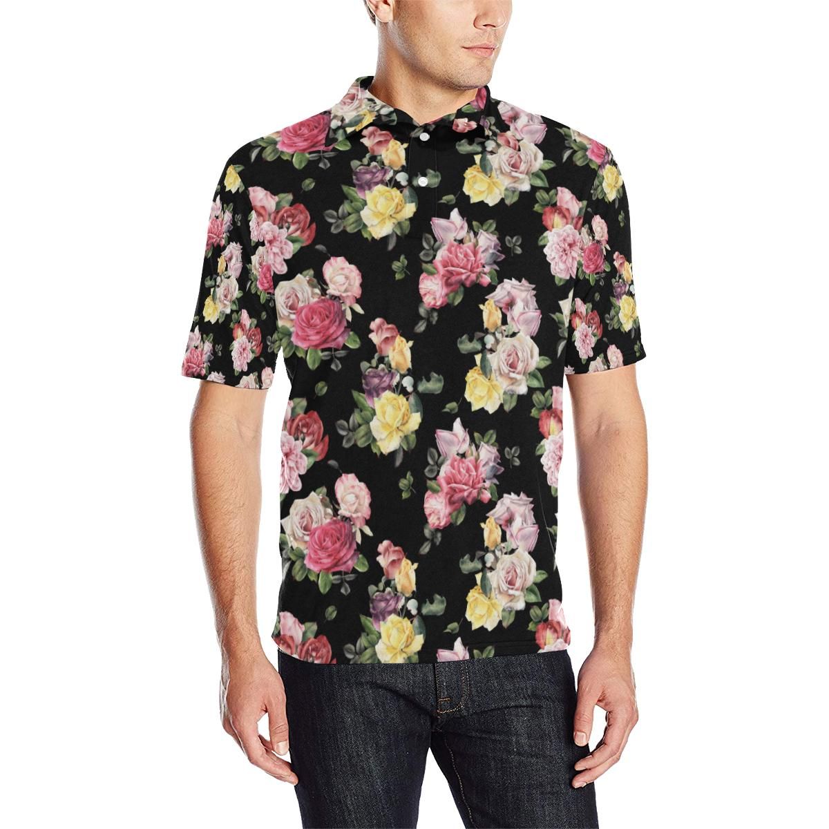 Rose Pattern Print Design Ro010 Men Polo Shirt Rose Pattern Print Design Ro010 Men Polo Shirt