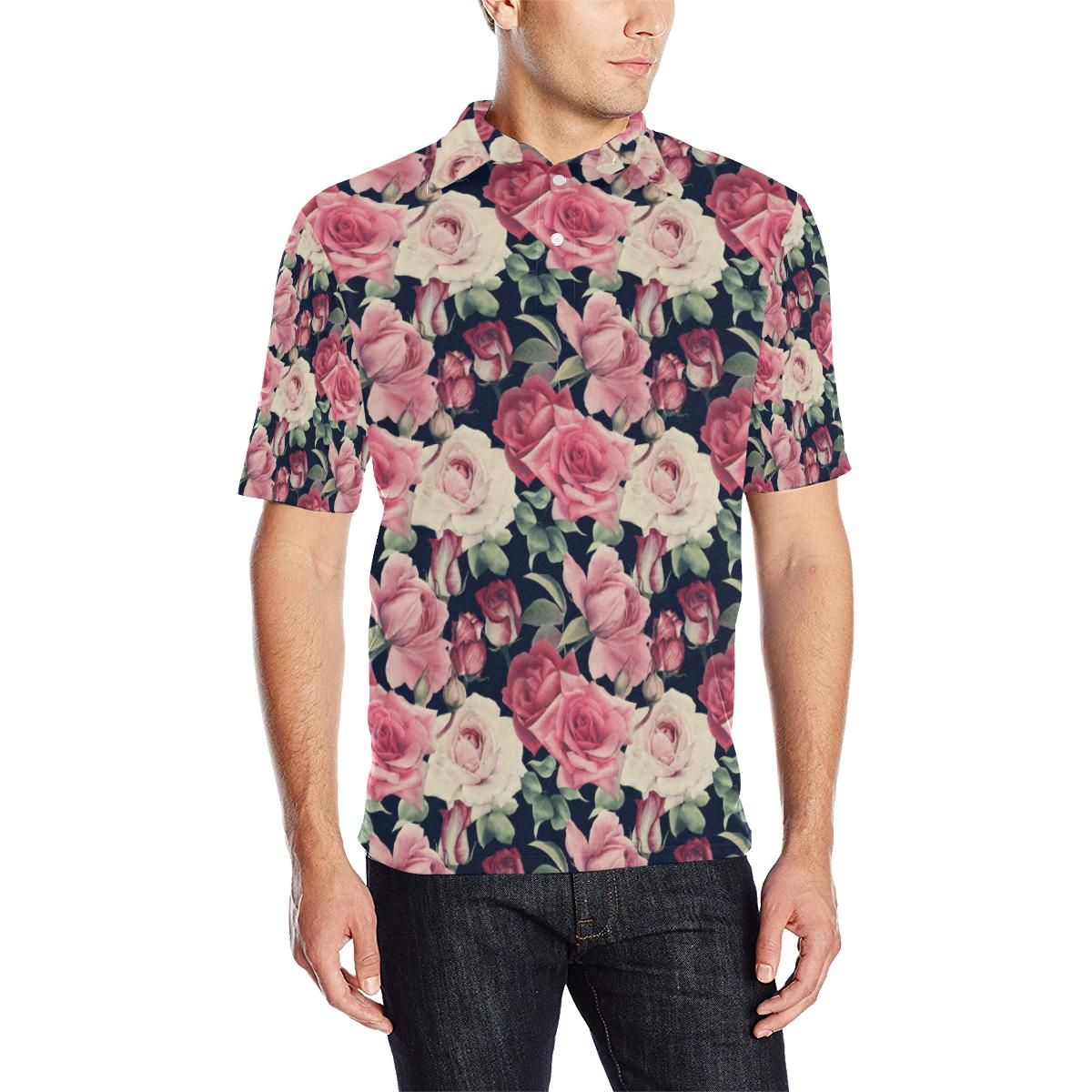 Rose Pattern Print Design Ro05 Men Polo Shirt Rose Pattern Print Design Ro05 Men Polo Shirt