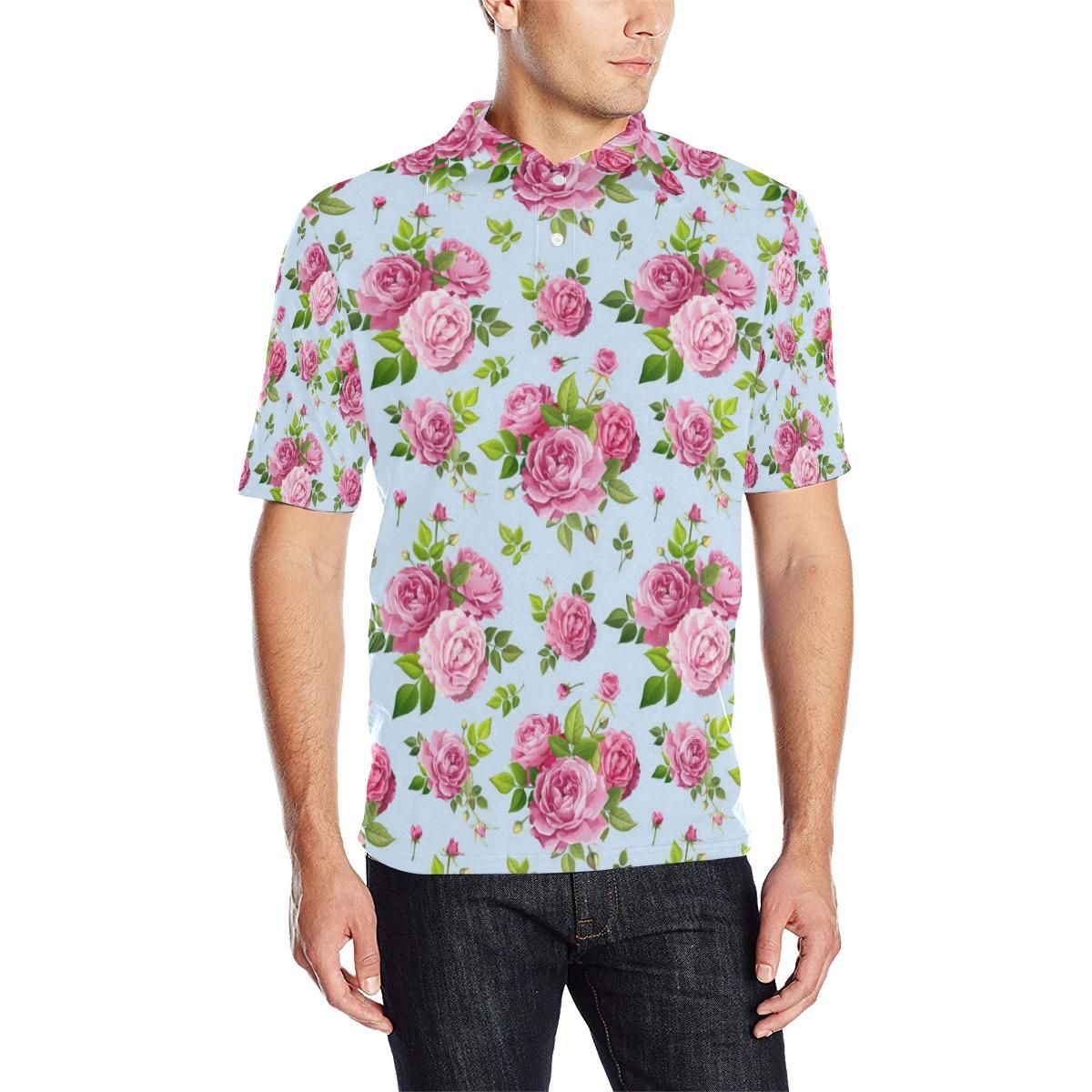 Rose Pink Pattern Print Design Ro08 Men Polo Shirt Rose Pink Pattern Print Design Ro08 Men Polo Shirt