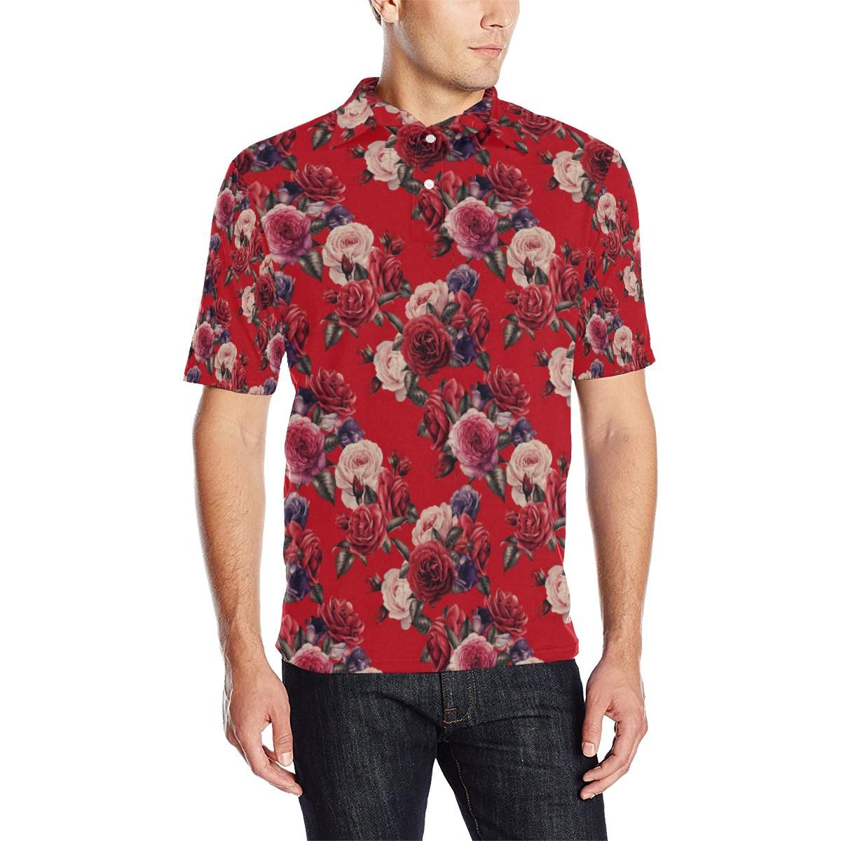 Rose Red Pattern Print Design Ro07 Men Polo Shirt Rose Red Pattern Print Design Ro07 Men Polo Shirt