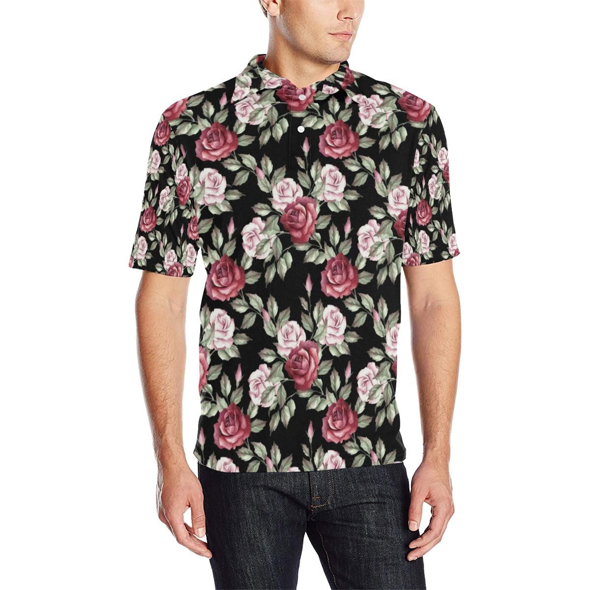 Rose Red Pink Pattern Print Design Ro03 Men Polo Shirt Rose Red Pink Pattern Print Design Ro03 Men Polo Shirt