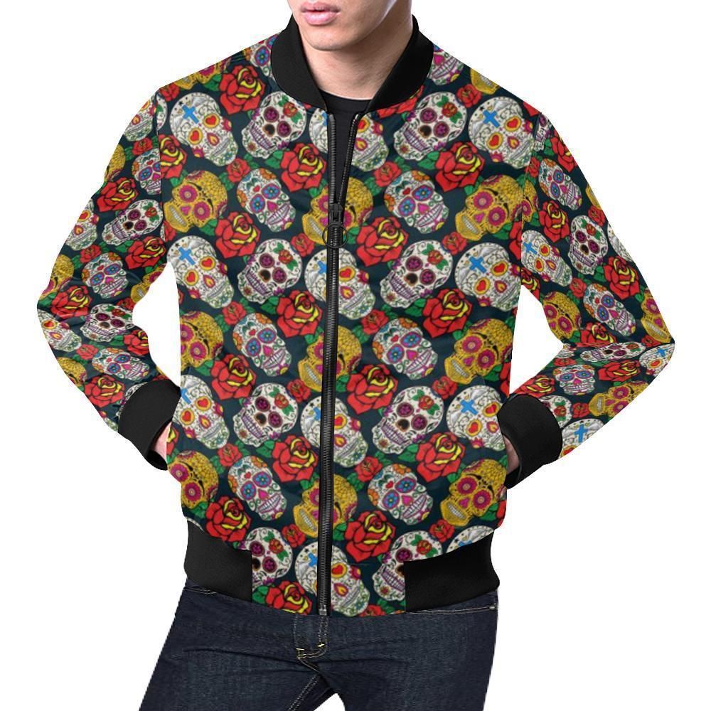 Rose Sugar Skull Skeleton Girly Floral Pattern Print Mens Bomber Jacket Rose Sugar Skull Skeleton Girly Floral Pattern Print Mens Bomber Jacket