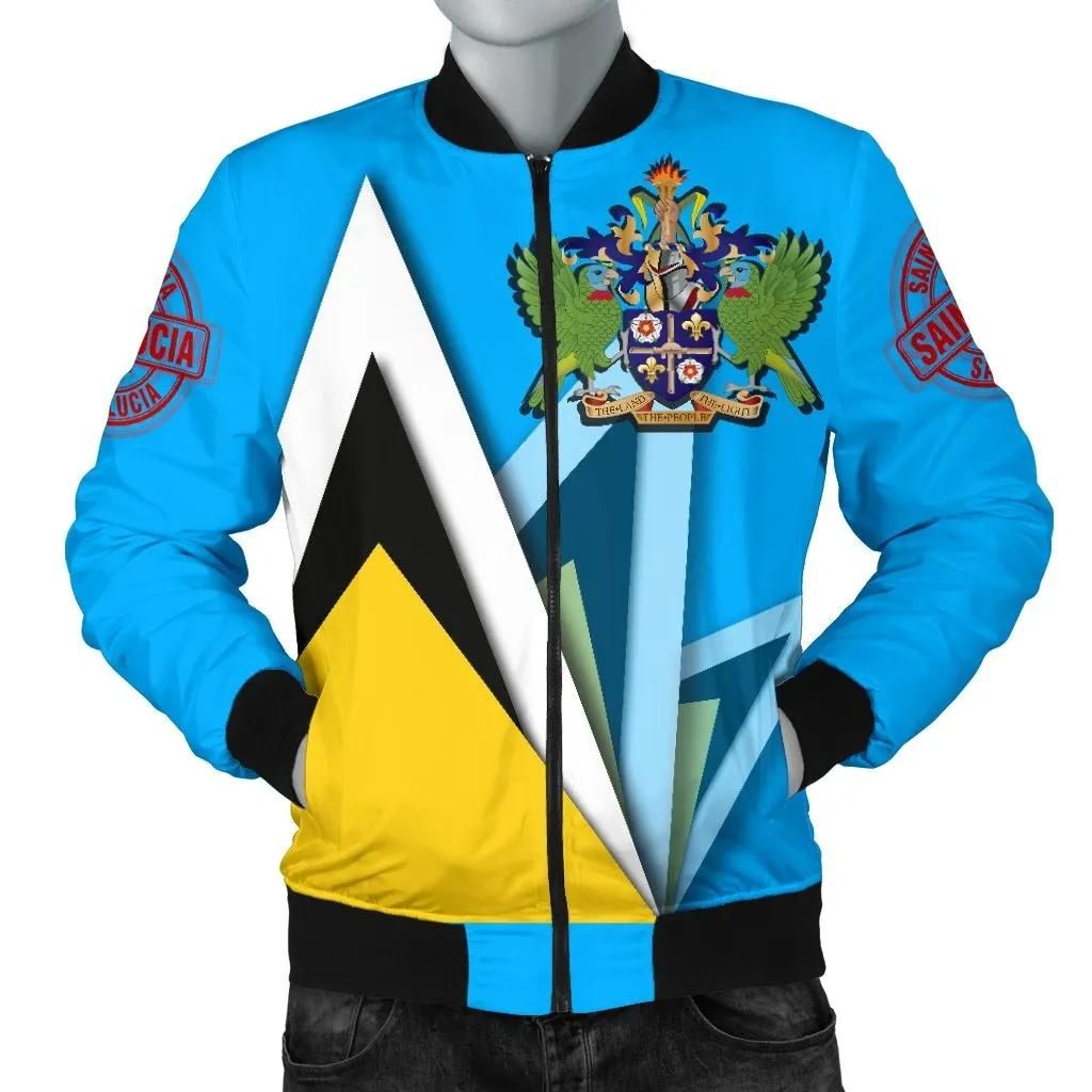 Saint Lucia Men's Bomber Jacket - Flag With Coat Of Arms - BN25 Bomber Jacket Saint Lucia Men's Bomber Jacket - Flag With Coat Of Arms - BN25 Bomber Jacket
