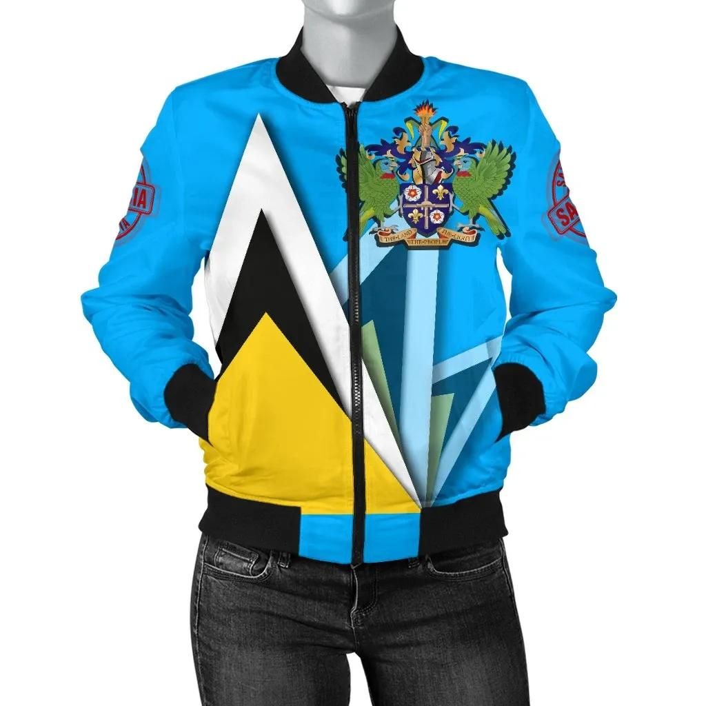 Saint Lucia Women's Bomber Jacket - Flag With Coat Of Arms - BN25 Bomber Jacket Saint Lucia Women's Bomber Jacket - Flag With Coat Of Arms - BN25 Bomber Jacket